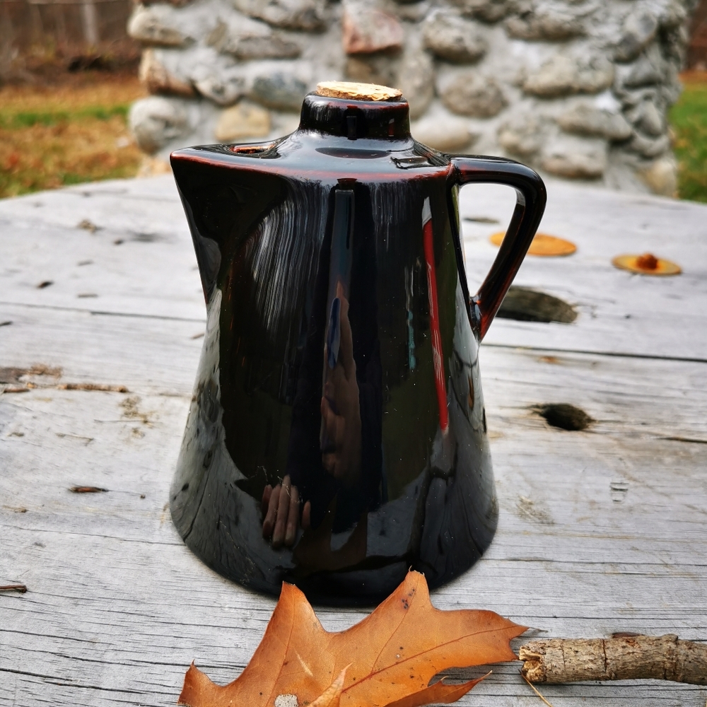 Vintage High Gloss Brown Glaze Pottery Leroux Creme de Cafe Jug Decanter